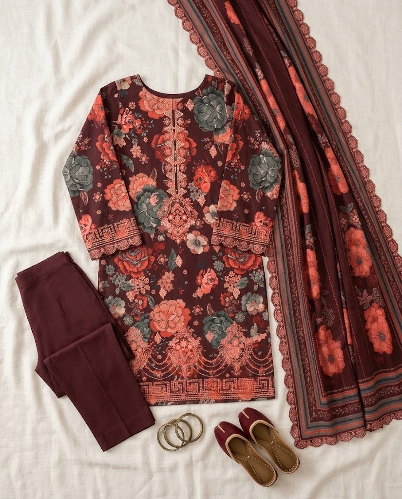 BAROQUE Dark Maroon Floral Embroidered Digital Printed Khaddar 3-Piece Suit with Matching Dupatta & Trouser
