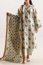 Saya Premium 3-Piece Printed khadder White Suit – Unstitched winter Collection