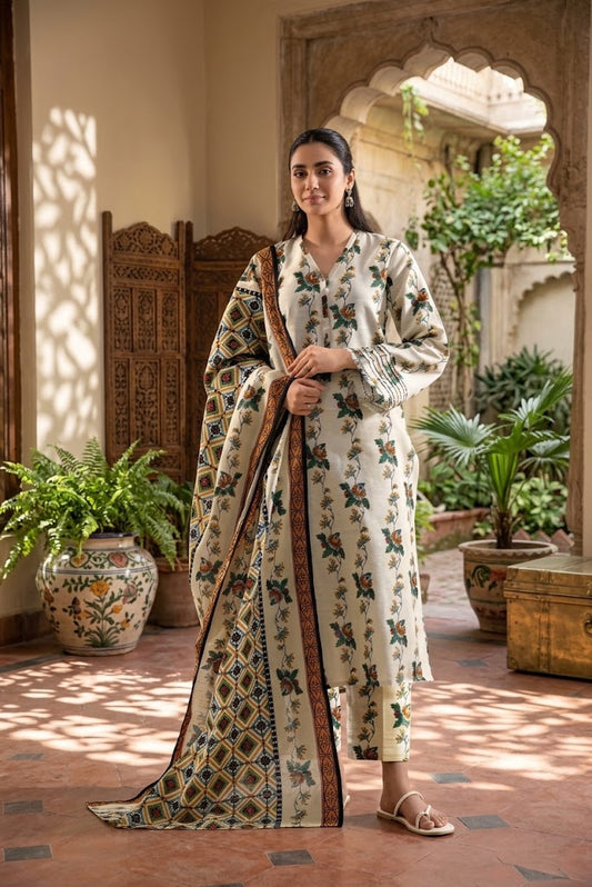 Saya Premium 3-Piece Printed khadder White Suit – Unstitched winter Collection