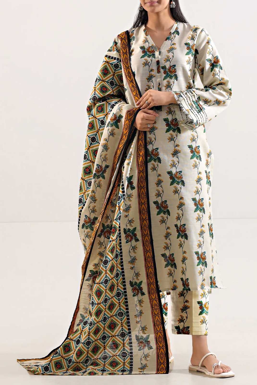 Saya Premium 3-Piece Printed khadder White Suit – Unstitched winter Collection