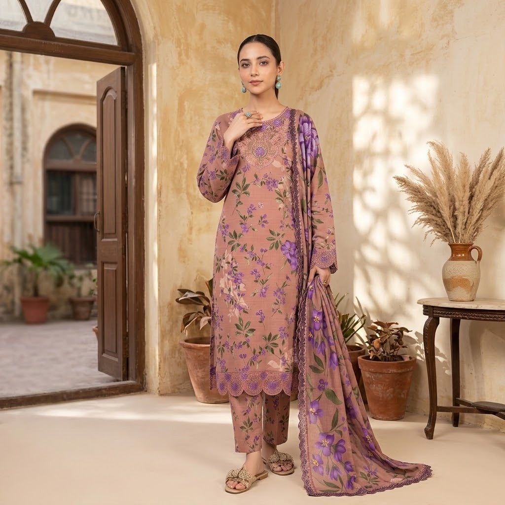 IZNIK Embroidered Digital Printed Khaddar 3-Piece Suit