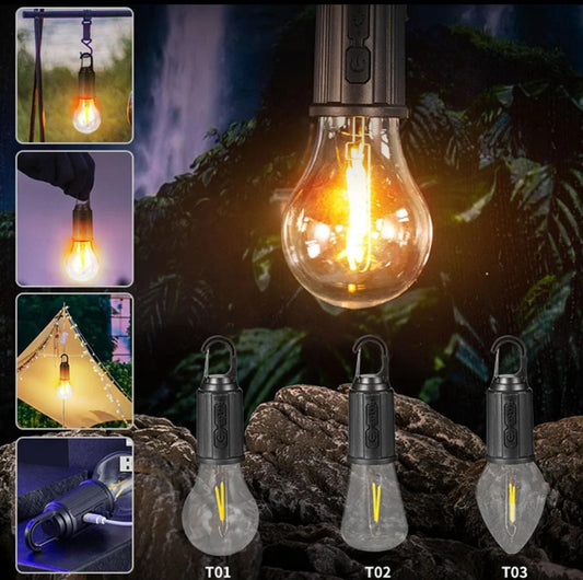T01 Rechargeable Camping Bulb – 3-Gear Vintage With Carabiner Hook & Type-C Charging