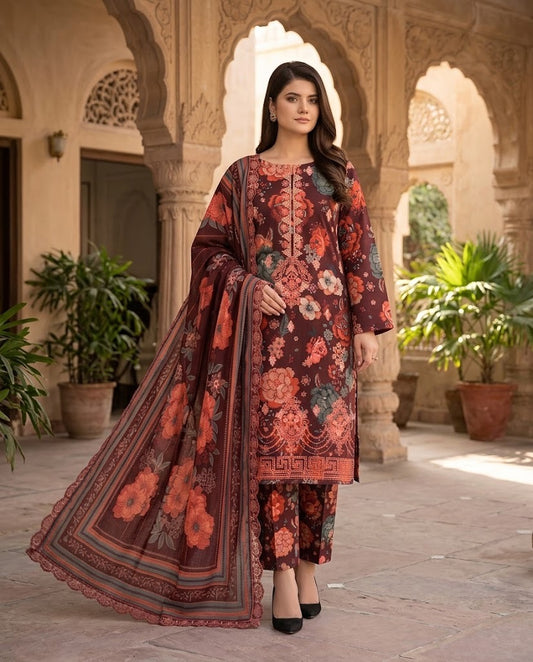 BAROQUE Dark Maroon Floral Embroidered Digital Printed Khaddar 3-Piece Suit with Matching Dupatta & Trouser