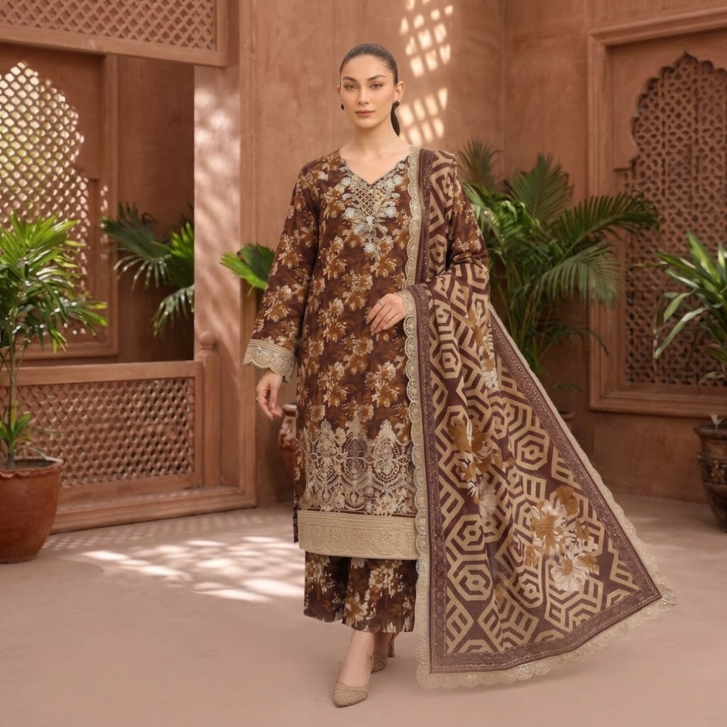 BAROQUE Embroidered Digital Printed Khaddar 3-Piece Suit