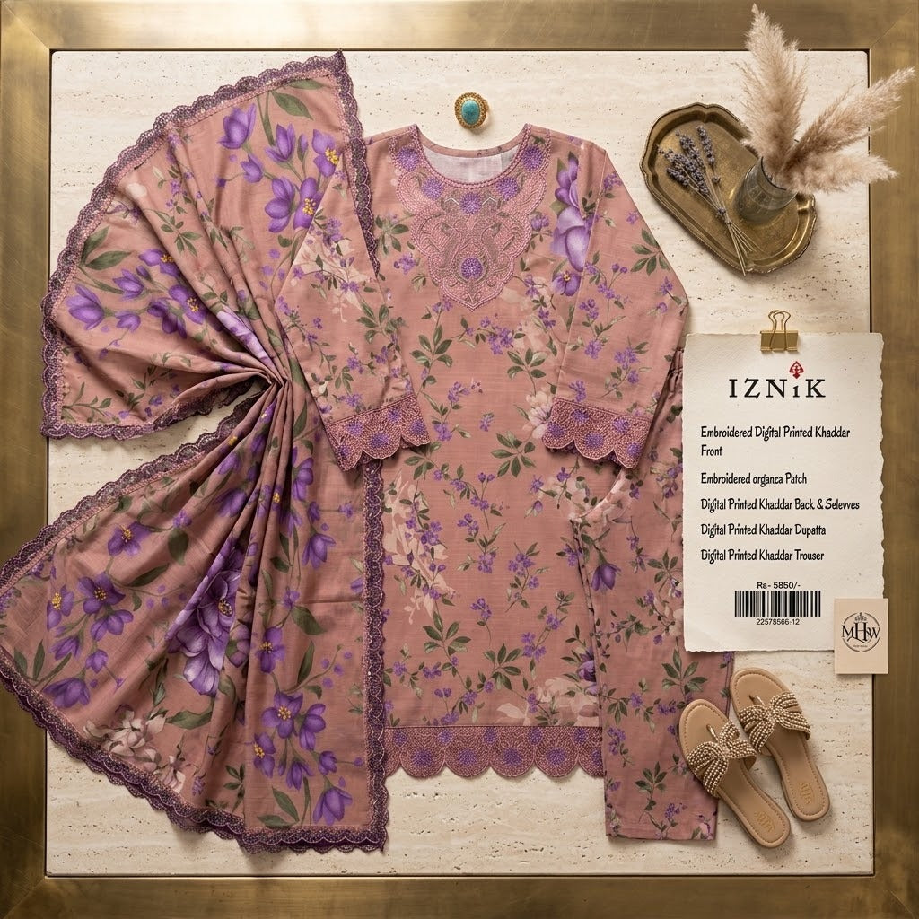 IZNIK Embroidered Digital Printed Khaddar 3-Piece Suit
