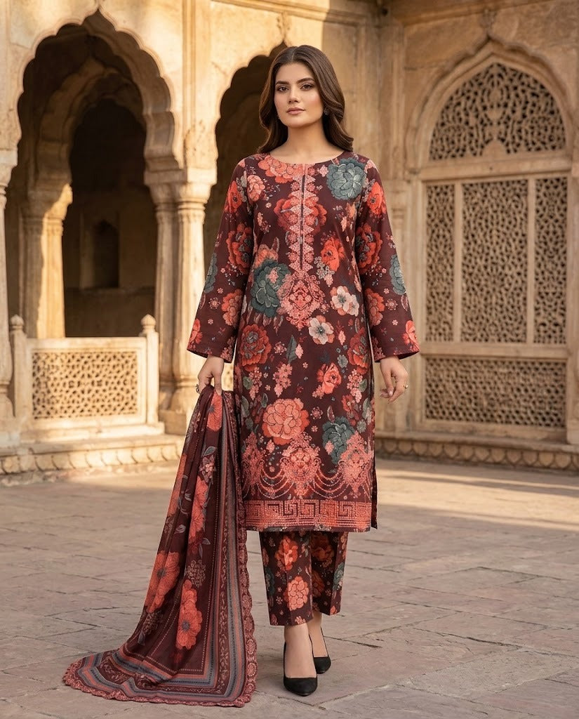 BAROQUE Dark Maroon Floral Embroidered Digital Printed Khaddar 3-Piece Suit with Matching Dupatta & Trouser