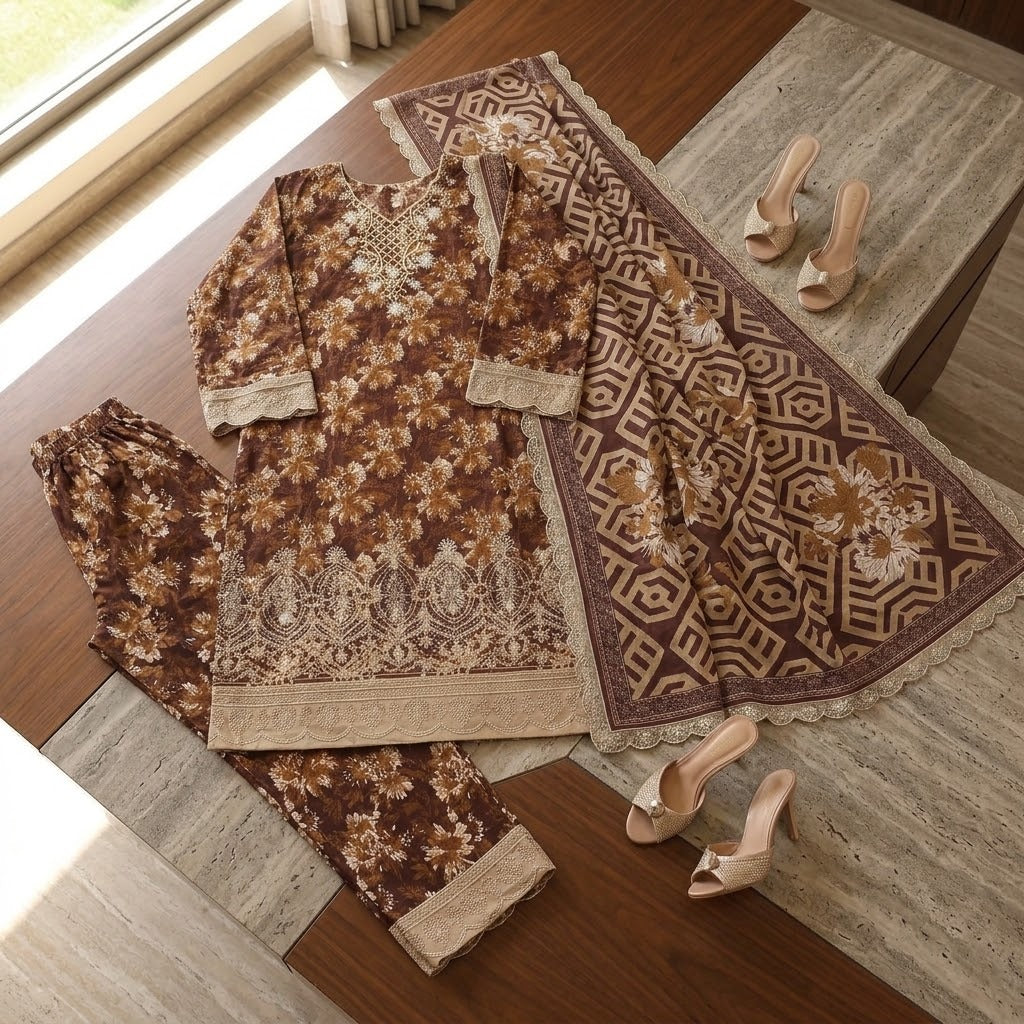 BAROQUE Embroidered Digital Printed Khaddar 3-Piece Suit