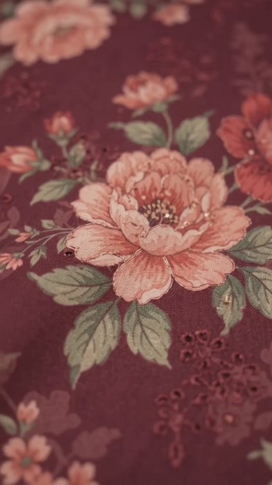 BAROQUE Dark Maroon Floral Embroidered Digital Printed Khaddar 3-Piece Suit with Matching Dupatta & Trouser