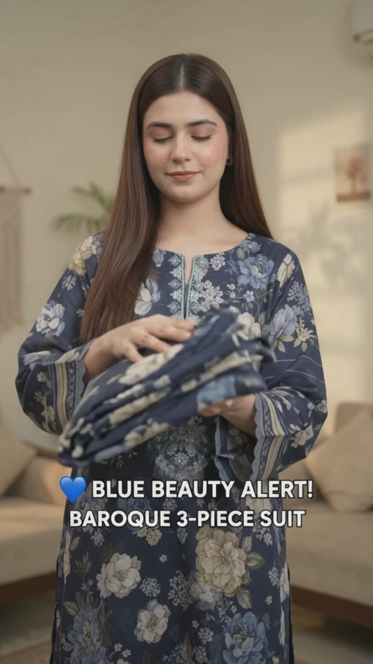 BAROQUE Navy Blue Floral Printed Khaddar 3-Piece Suit